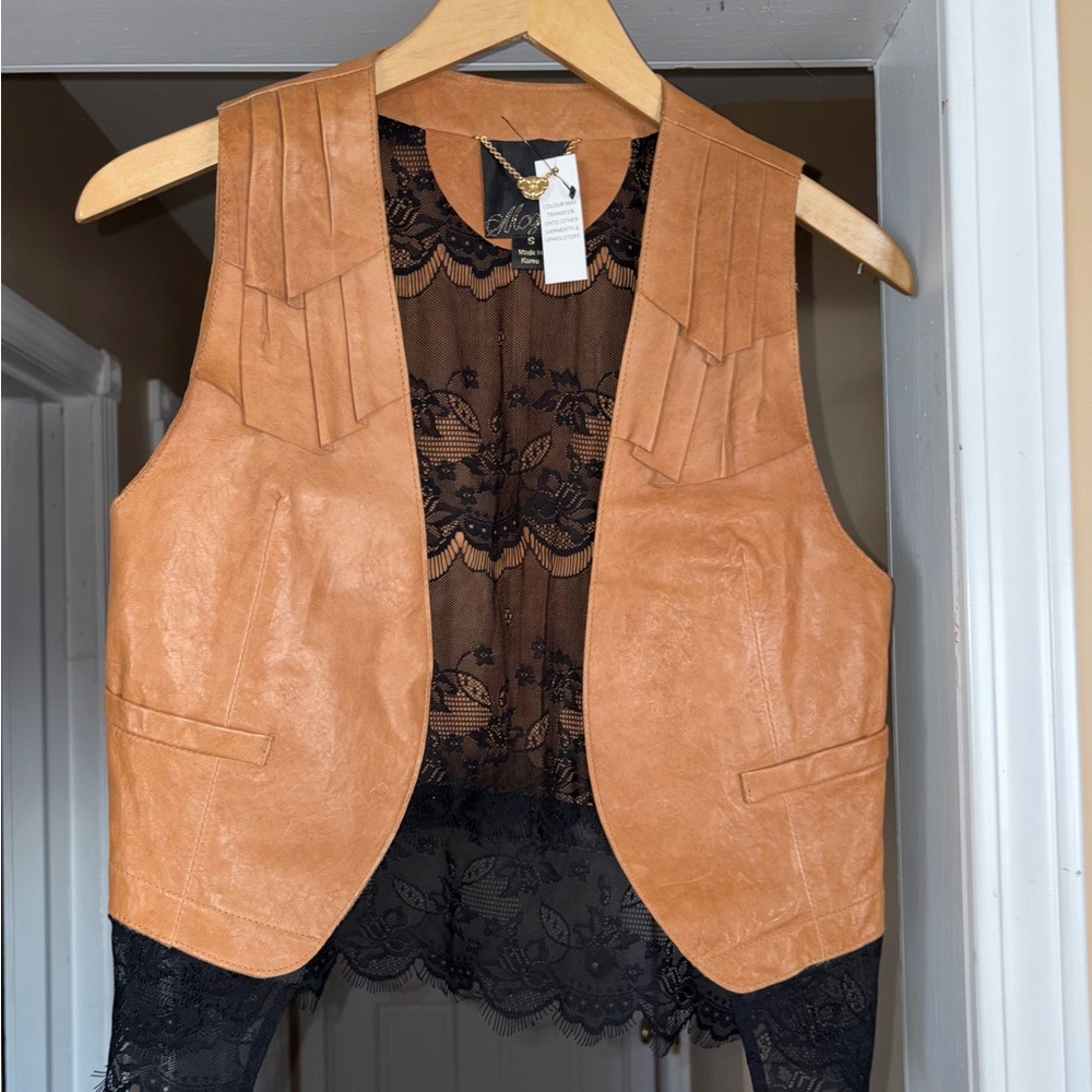 Women Tan Leather Vest with Black Lace Back